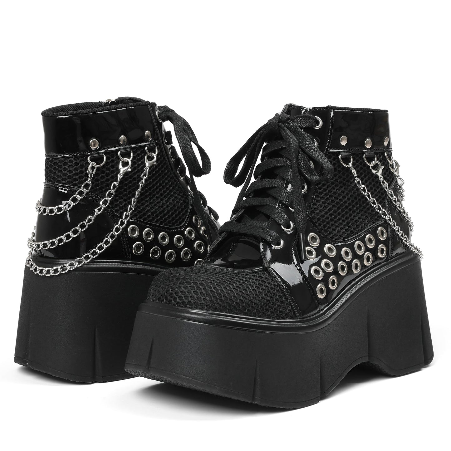 Women's Black Platform Boots Wedge Goth Round Toe Lace Up Chain Mesh Punk Combat Ankle Booties
