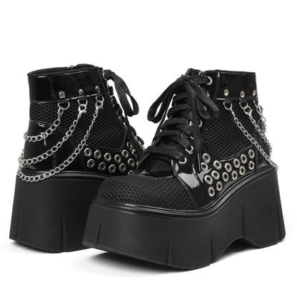 Women's Black Platform Boots Wedge Goth Round Toe Lace Up Chain Mesh Punk Combat Ankle Booties