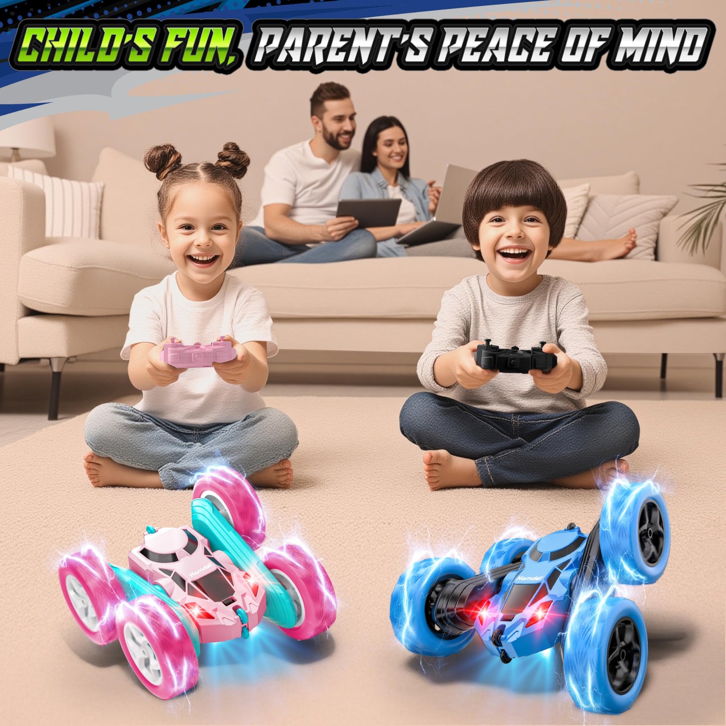 Hamdol Remote Control Car for Kids, 360° Rotating Double-Sided RC Car with LED Headlights, 4WD 2.4GHz Electric Rechargeable Toy Vehicle for Boys and Girls, Perfect Birthday