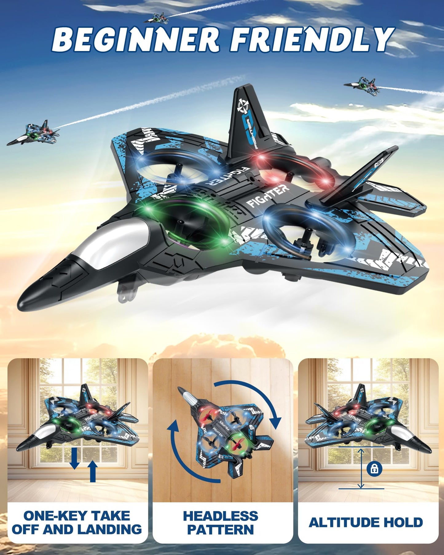 JoyRapt Form RC Plane Drones for Kids, Remote Control Airplane, Aircrafts for Boys and Girls, Jet Helicopter Drones with LED Lights 360° Flip, 4 Rechargeable Batteries (Two Pack)