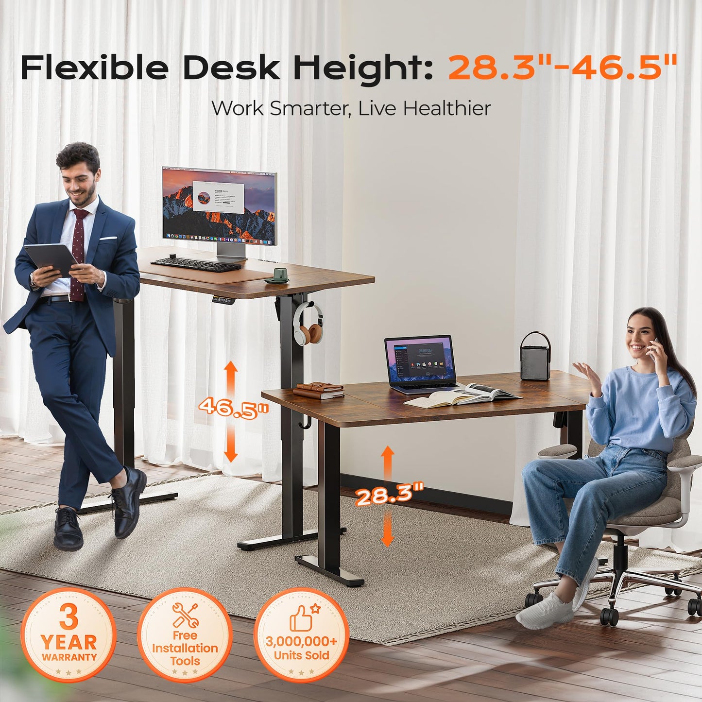 Huuger 55 x 28 Large Electric Standing Desk, Height Adjustable Computer Desk, 27.6" Deep Desktop, Stand up Gaming Office Table with 2 Hooks, 3 Preset Heights, for Home Office, Black