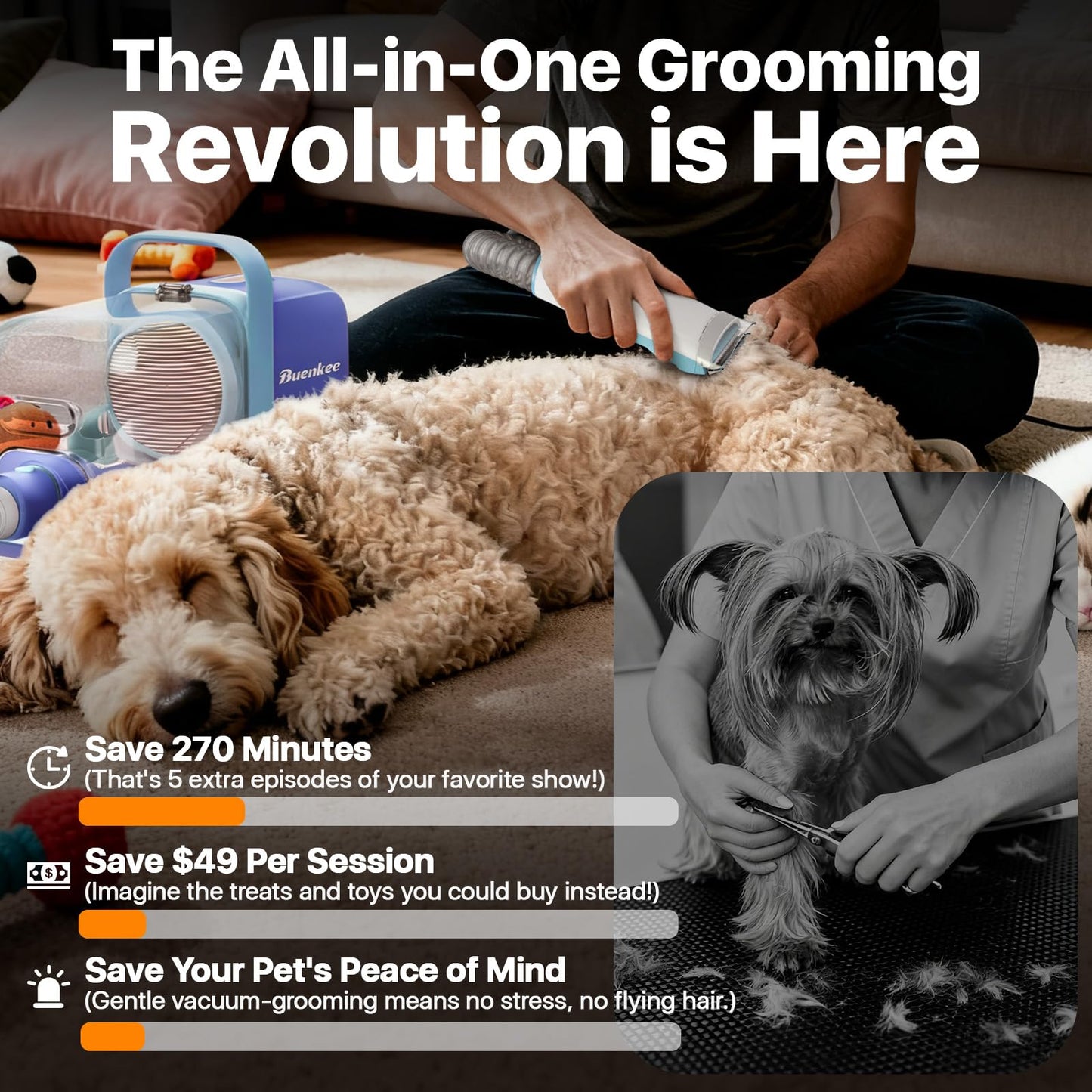 Buenkee Dog Grooming Vacuum Kit, 15000Pa Clipper, Shedding Brush, 2L, White | Brush, trim and deshed at home with less flying fur, mess-control suction and fewer emptying breaks during longer sessions