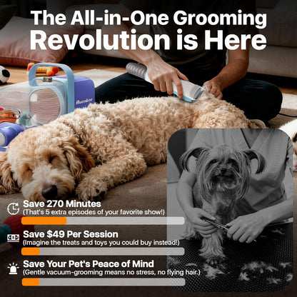 Buenkee Dog Grooming Vacuum Kit, 15000Pa Clipper, Shedding Brush, 2L, White | Brush, trim and deshed at home with less flying fur, mess-control suction and fewer emptying breaks during longer sessions