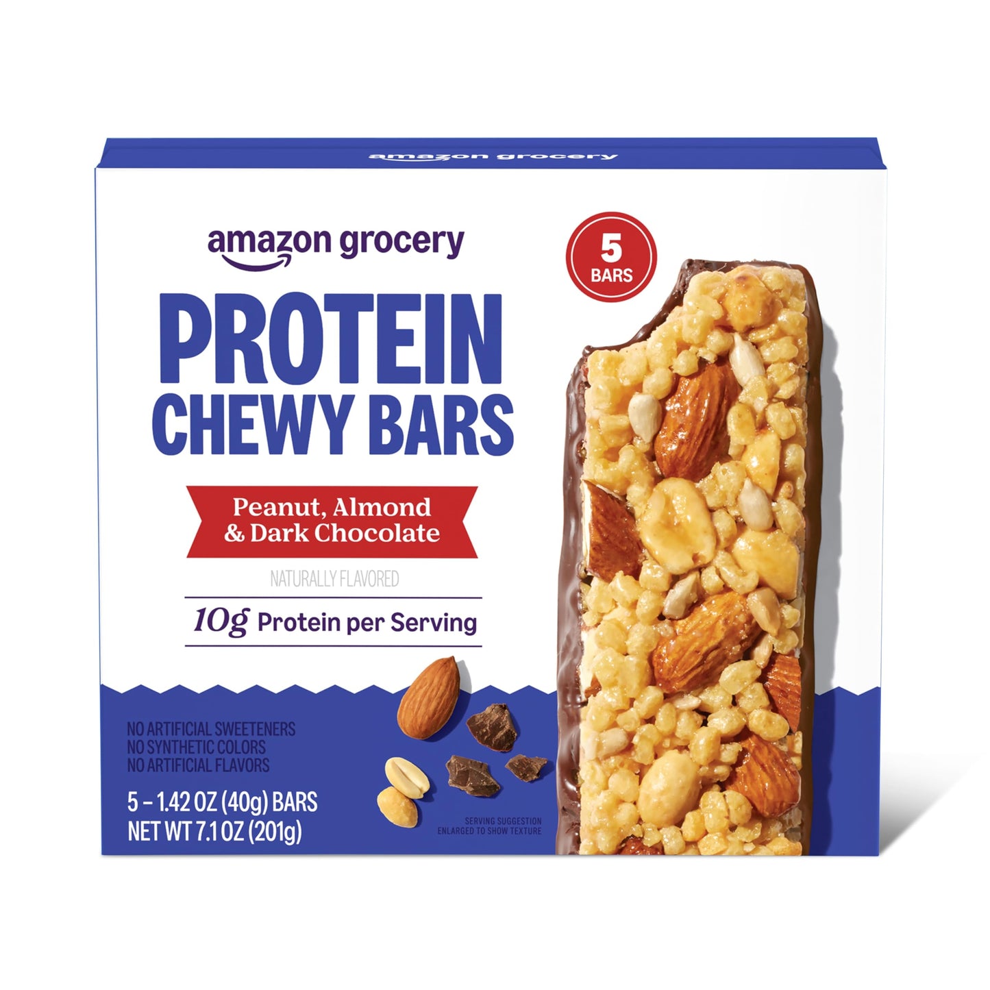 Amazon Brand - Happy Belly Protein Chewy Bars, Peanut, Almond & Dark Chocolate, 5 Count (Pack of 2)