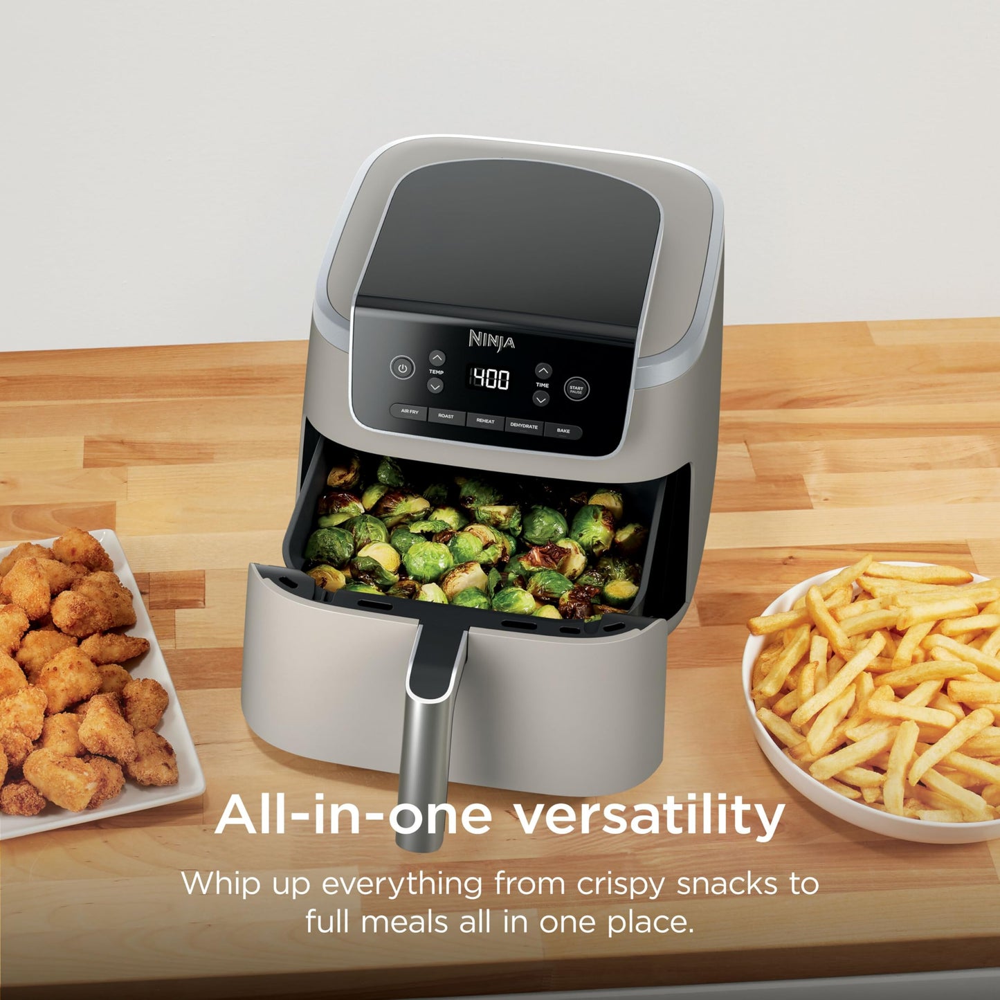 Ninja Air Fryer with Air Crisp | 5 QT Capacity fits up to 4lbs of Fries | 4-in-1 Pro Air Fry, Roast, Reheat, Dehydrate | 400°F Max Temp | 1750 Watts | W/Nonstick Basket & Crisper Plate | Grey | AF141