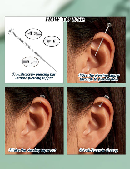 GEMQUEEN Piercing Taper Ball Grabber Tool for Changing Jewelry - 14G 16G 18G 20G Stainless Steel Flat Back Earrings Applicator Tool Threadless Insertion Pin Thread Body Piercing Kit for Ear Nose Lip