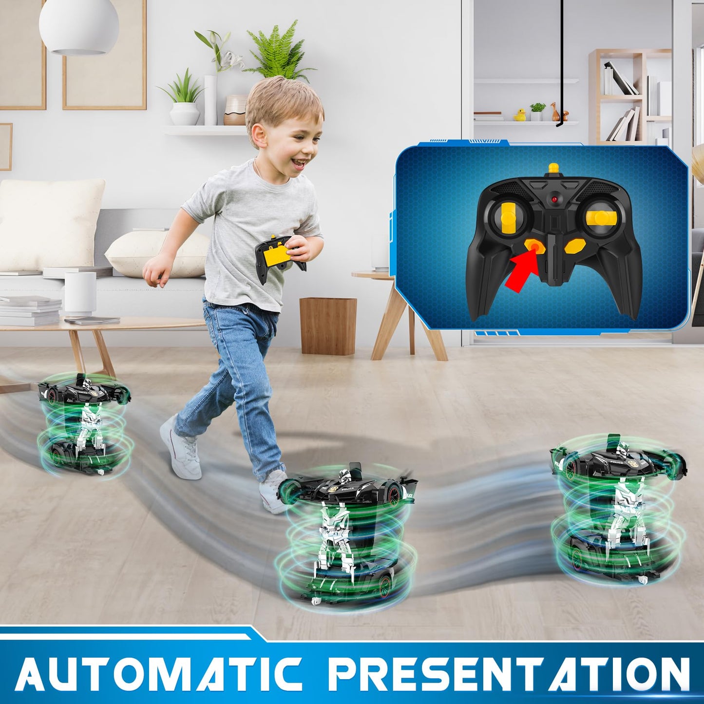 FDJ Remote Control Car - Transform Toys Car Robot, One Button Deformation to Robot with Flashing Light, 2.4Ghz 1:18 Scale Transforming Police Car Kids Toys with 360 Degree Rotating, Girls Boys Toys