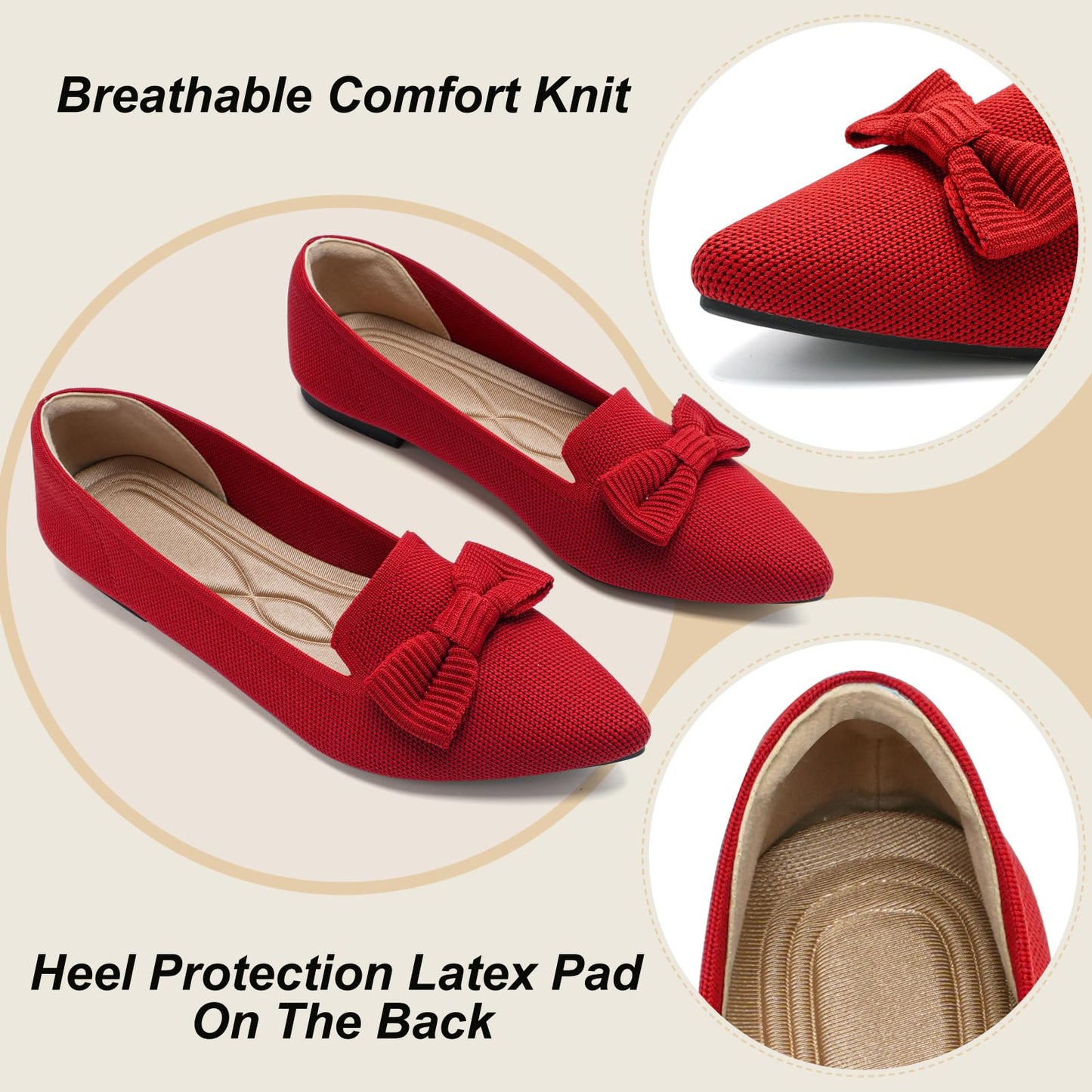 Flats for Women Mesh Ballet Flats with Bow Pointed Toe Comfortable Dressy Knit Breathable for Work Office