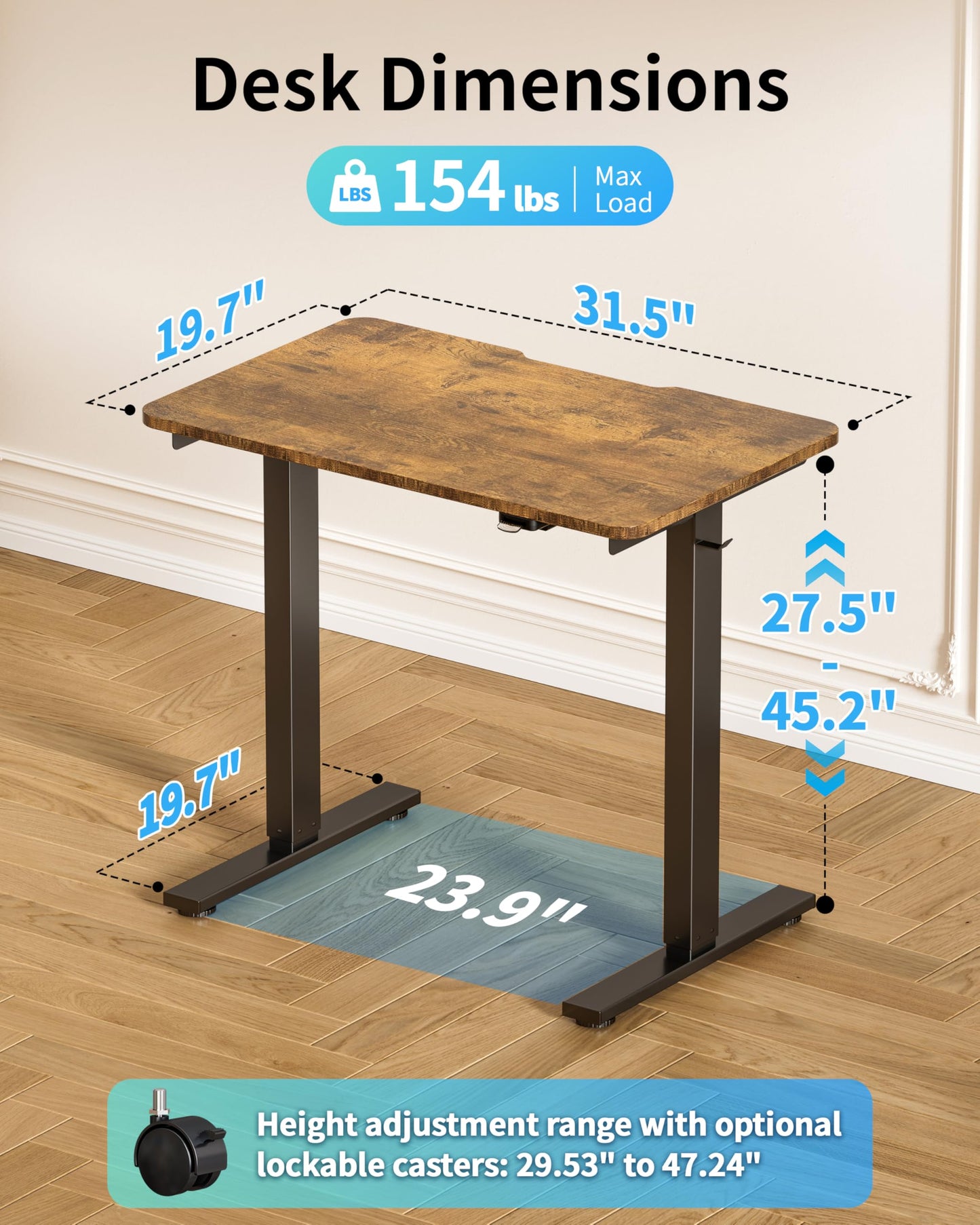 Okin Small Electric Standing Desk, 36" x 24" Whole Piece Height Adjustable Desk, Oak Sit to Stand Computer Workstation with Wheels for Home Office