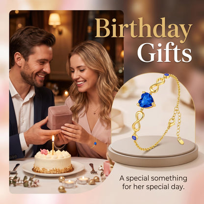 14K Gold Infinity Birthstone Bracelets for Women, Infinity Love Heart Birthstone Link Bracelets for Women, 14K Gold Plated Jewelry Birthday Gifts for Wife Girlfriend Mom, 7+2 Inch