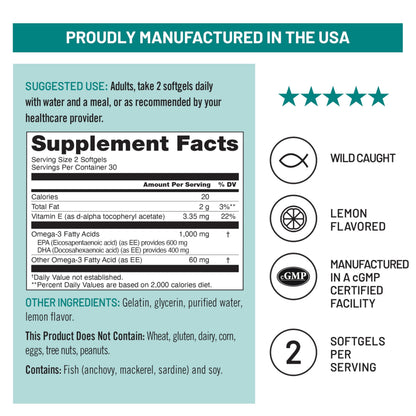NatureWise Extra-Strength Omega 3 Fish Oil Supplement - 1000mg per Serving - 600 EPA & 400 DHA and Vitamin E - Sustainably Sourced Fish Oil - Lemon Flavor - 60 Softgels[1-Month Supply]