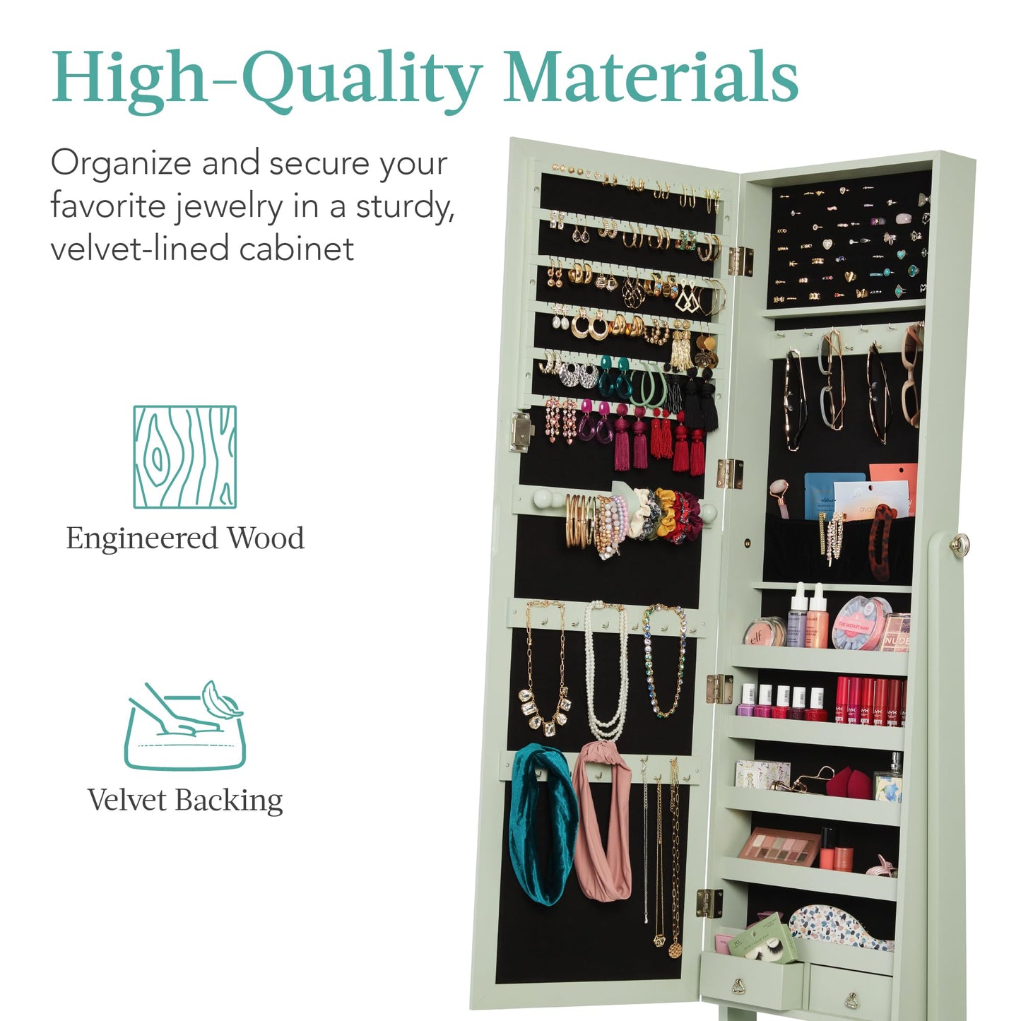 Best Choice Products Freestanding Jewelry Armoire Cabinet, Full Length Standing Mirror, Lockable Makeup Storage Organizer, w/Velvet Lining, 3 Angles, Lock, Accessory Pouch, 5 Shelves - White