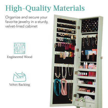 Best Choice Products Freestanding Jewelry Armoire Cabinet, Full Length Standing Mirror, Lockable Makeup Storage Organizer, w/Velvet Lining, 3 Angles, Lock, Accessory Pouch, 5 Shelves - White