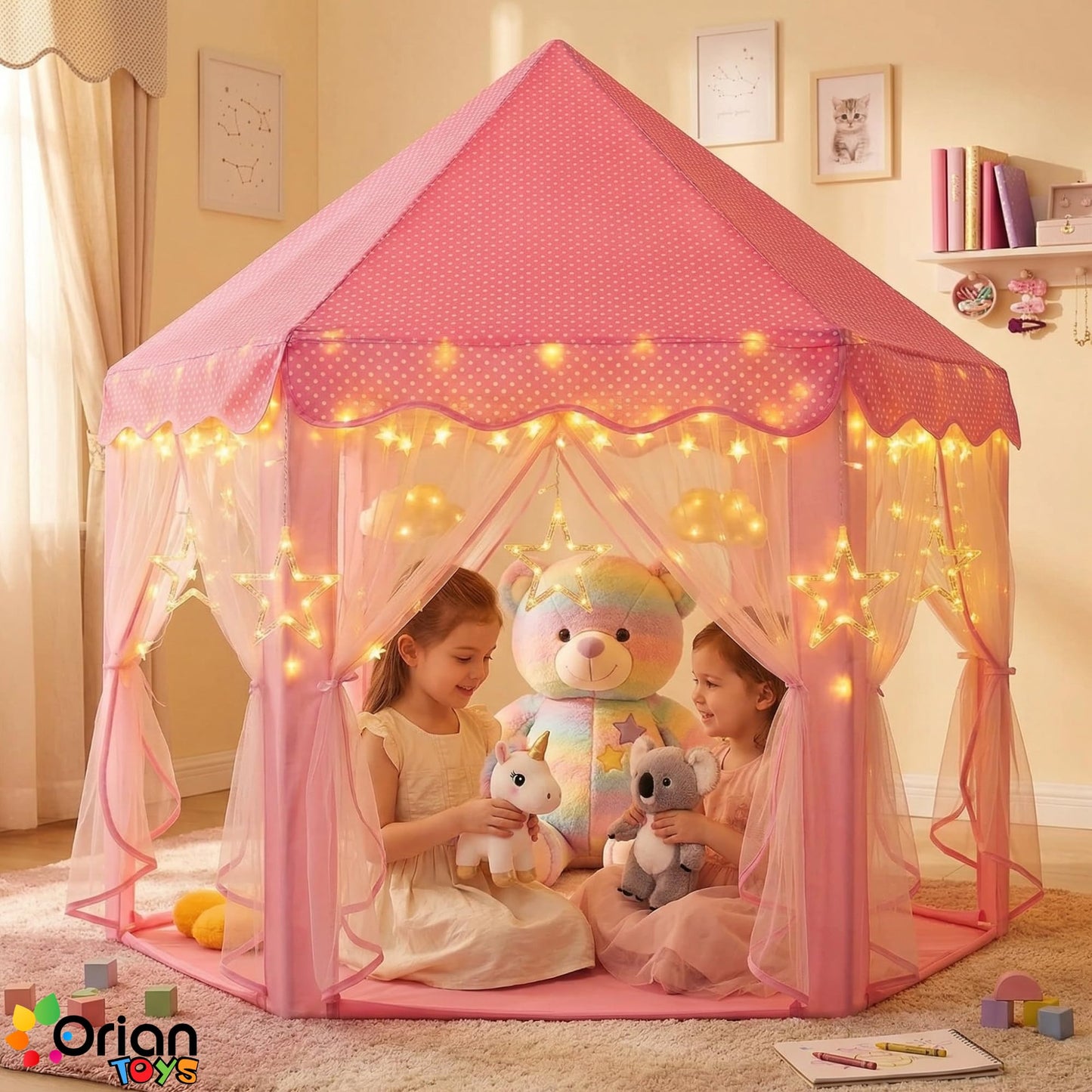 Orian Princess Tent for Kids, Toddler & Kids Pink Play Tent Indoor & Outdoor Princess Castle Fort for Girls and Toddlers Ages 2-7, 55”x53”, LED Star Lights, Children’s Toys and Gifts for Girls