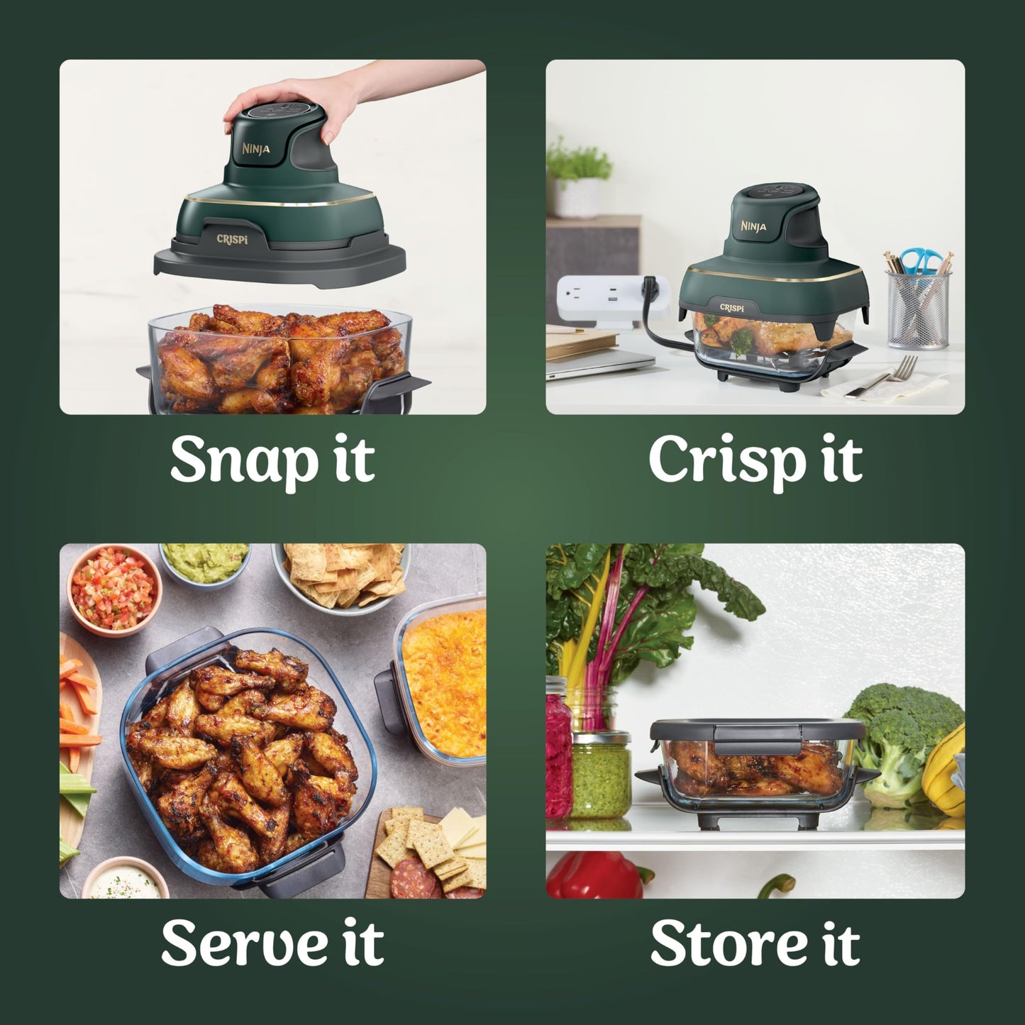 Ninja Crispi 4 in 1 Glass Air Fryer, 450°F, Non Toxic, 4QT and 6 Cup Containers with Lids, Dishwasher Safe, Cyberspace Gray, 1 Count, FN101GY