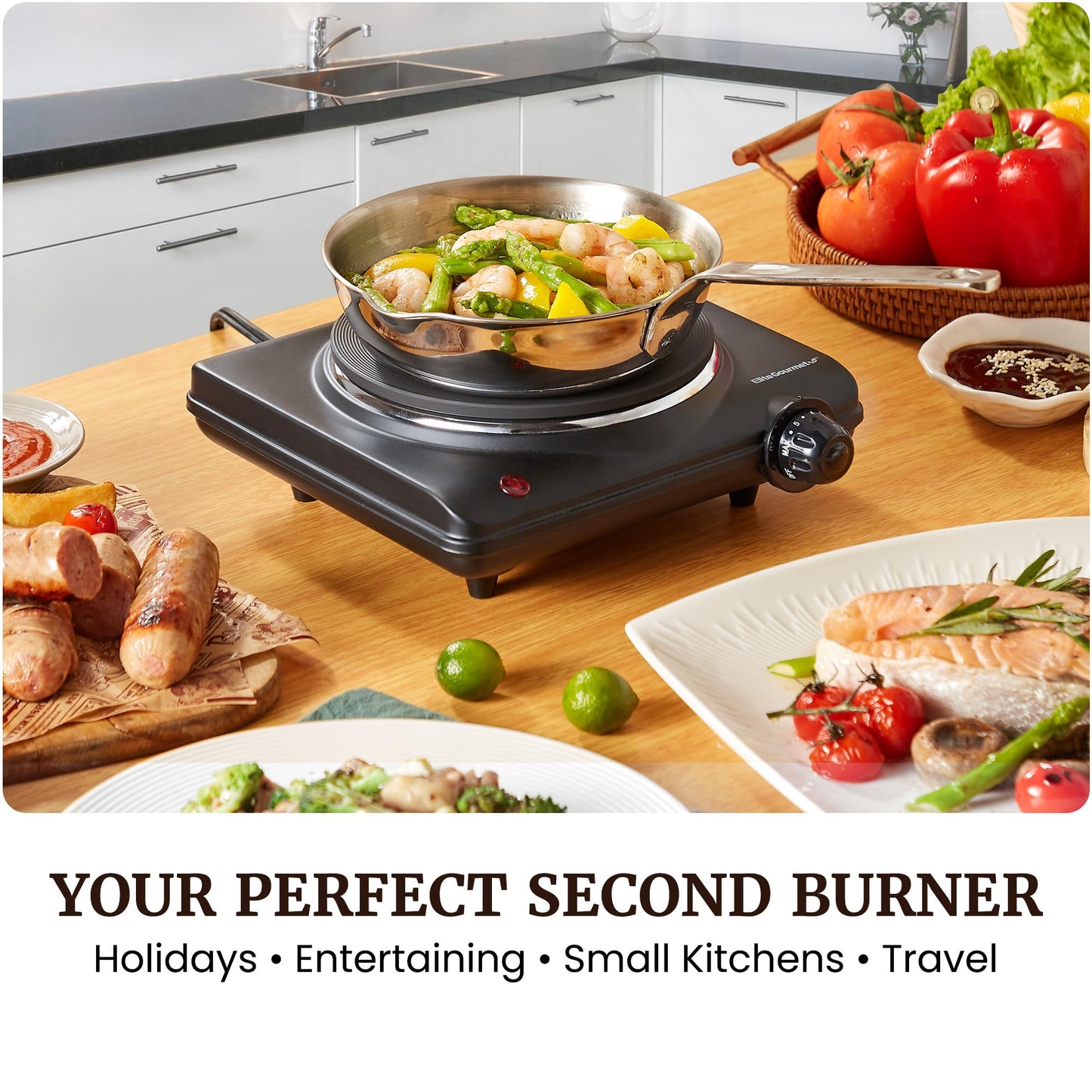 Elite Gourmet EDB-302BF# Countertop Double Cast Iron Burner, 1500 Watts Electric Hot Plate, Temperature Controls, Power Indicator Lights, Easy to Clean, Black