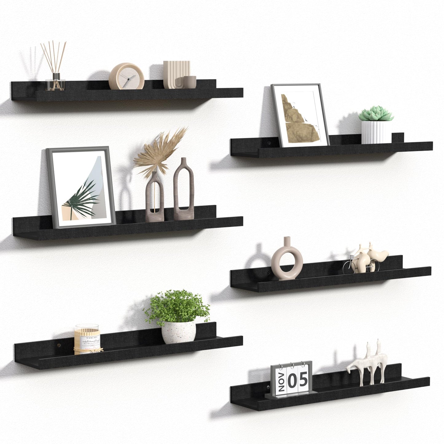 upsimples Floating Shelves for Wall, Wall Shelves for Decor Storage Set of 6, Wall Mounted Wood Shelf for Bedroom, Living Room, Bathroom, Kitchen, Picture Ledge Shelf, Black