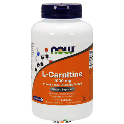 NOW Foods Supplements, L-Carnitine 1,000 mg, Purest Form, Amino Acid, Fitness Support*, 100 Tablets