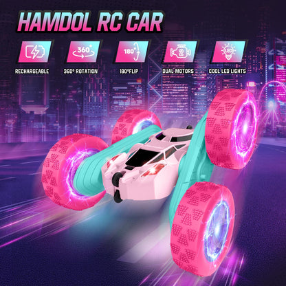 Hamdol Remote Control Car for Kids, 360° Rotating Double-Sided RC Car with LED Headlights, 4WD 2.4GHz Electric Rechargeable Toy Vehicle for Boys and Girls, Perfect Birthday