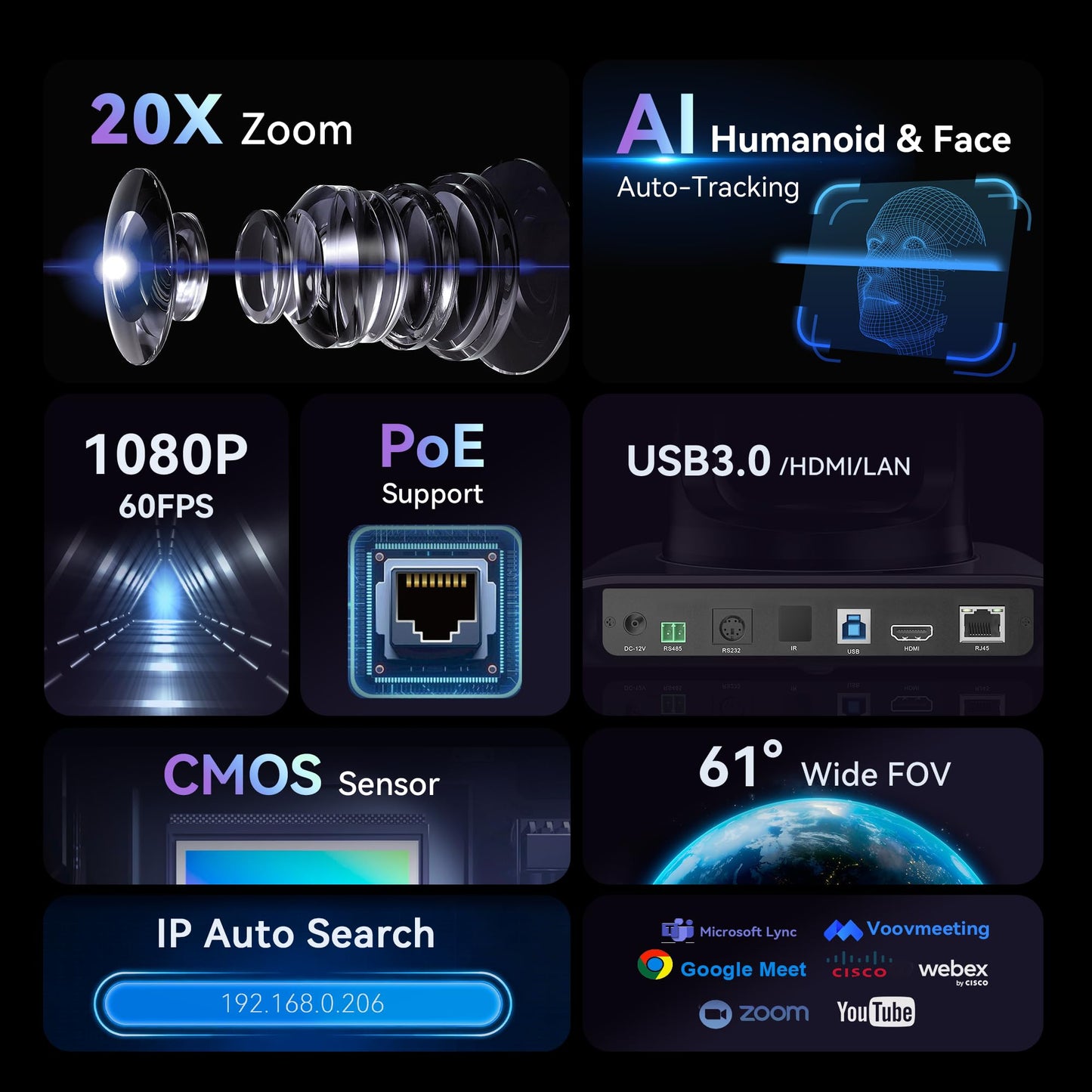 Tenveo 4K NDI PTZ Camera AI Humanoid & Face Auto-Tracking, HDMI/LAN/USB3.0 PoE PTZ Camera 20X Optical Zoom IP Live Streaming, for Church Services Worship Video Conference Live Streaming YouTube OBS