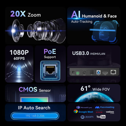 Tenveo 4K NDI PTZ Camera AI Humanoid & Face Auto-Tracking, HDMI/LAN/USB3.0 PoE PTZ Camera 20X Optical Zoom IP Live Streaming, for Church Services Worship Video Conference Live Streaming YouTube OBS