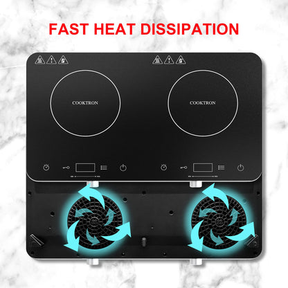 COOKTRON Double Induction Cooktop Burner with Fast Warm-Up Mode, 1800w 2 Burner with 10 Temperature 9 Power Settings, Portable Dual Induction Cooker Cooktop with Child Safety Lock & Time