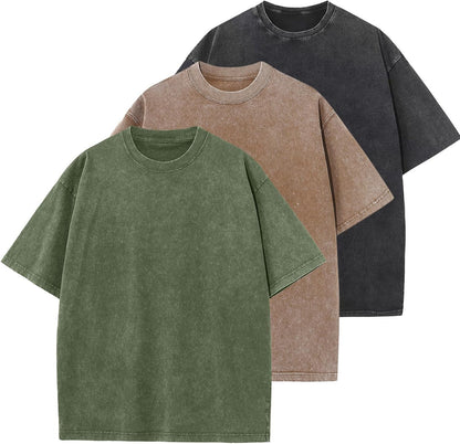Men's Cotton T-Shirts Oversized Unisex Short Sleeves Casual Loose Wash Solid Basic Tee Tops