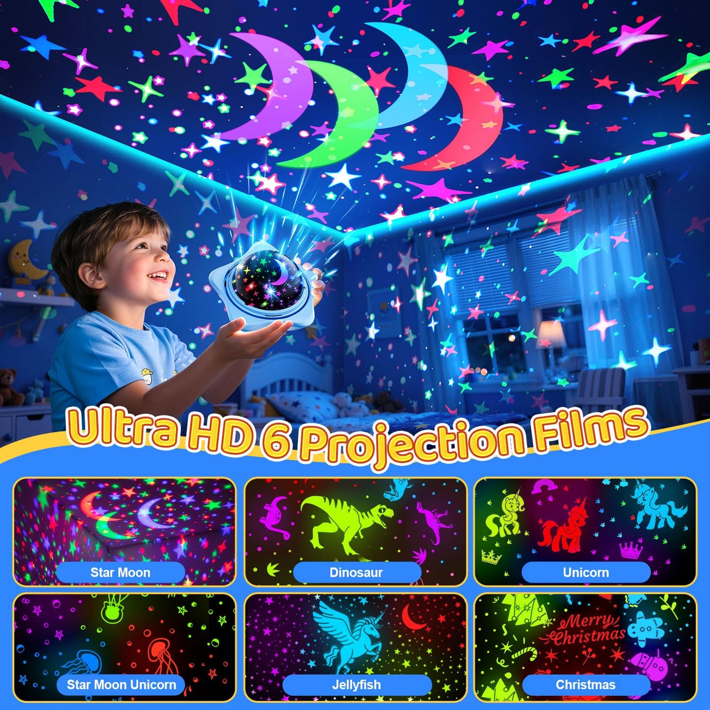 One Fire Girls Toys for Girl Gifts, 6 Films Light Projector Unicorn Toys for Girls Age 4-6, Rechargeable Night Lights for Bedroom, 360° Rotating Decor Mermaid Gifts Princess Baby Toddler Toys