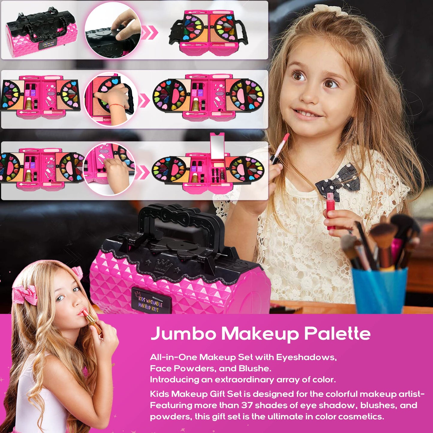 Kids Makeup Kit for Girl - 52 PCS Safe and Washable Makeup for Kids, Real Girls Makeup Kit, Toddler Makeup Kit with Cosmetic Case, Girls Toys Age 4-12, Princess Toys Birthday Gifts for Girls
