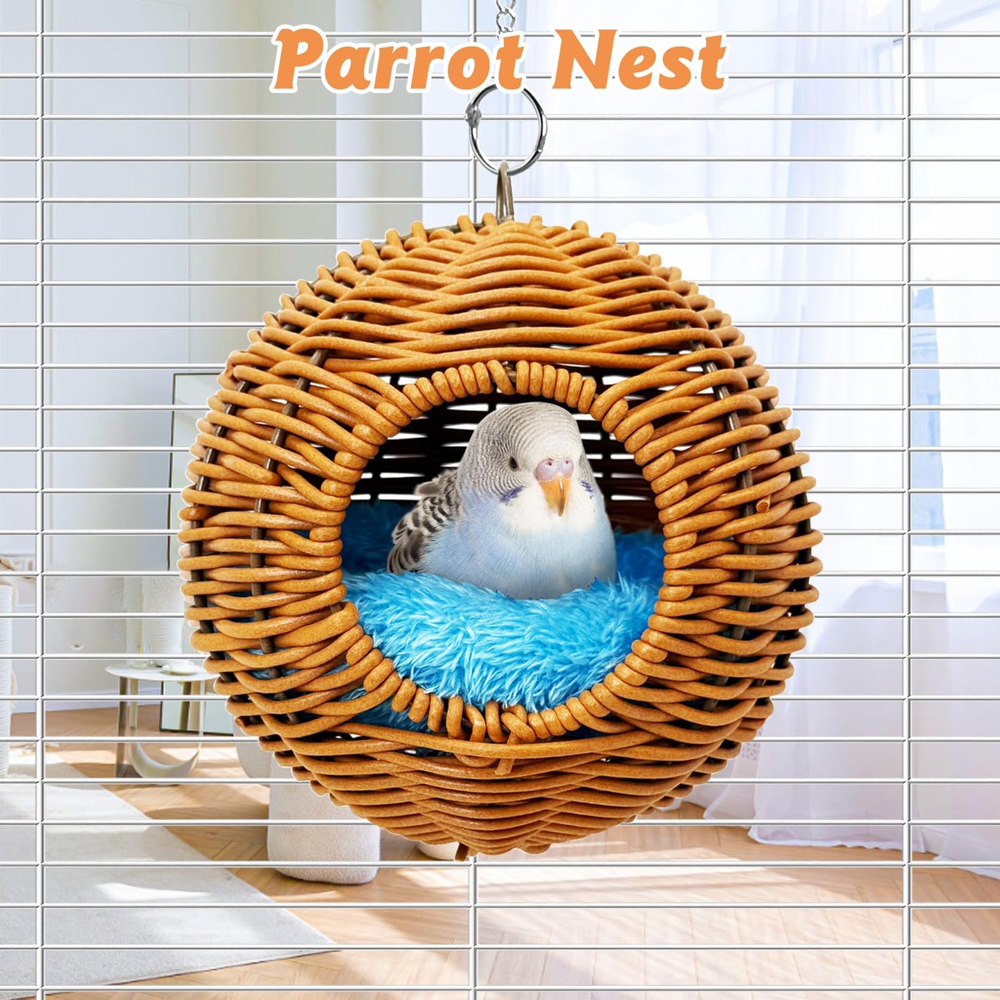 BNOSDM Rattan Bird Nest Parrot Nesting House Parakeet Nesting Soft Lovebird Warm Bed Sleeping for Parrots Bird Cage Accessories for Cockatiels Budgerigars Finches Canaries (Single-Hole Style)