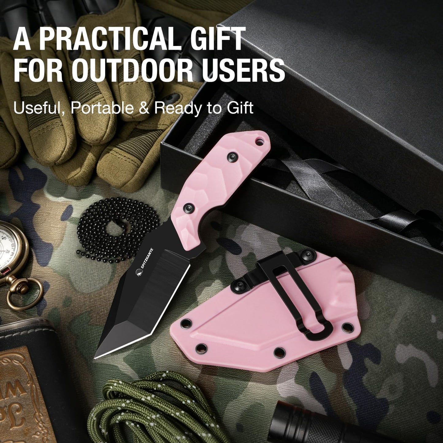 Neck Knife with Sheath and Necklace X-TAN-K, Horizontal Carry Knife with Full Tang Tanto 5Cr14MoV Steel Blade, Khaki ABS Handle, EDC, Outdoor, Camping & Hiking