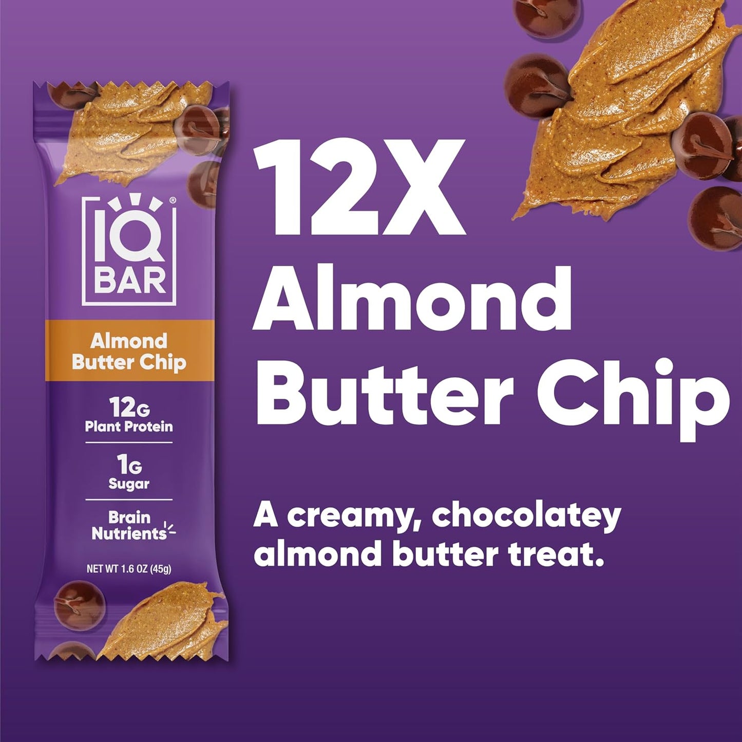 IQBAR Clean Plant Protein Bars, Almond Butter Chip 12-Count | Protein Snack | High Fiber, High Protein, Low Sugar, Clean Label Project Certified | Gluten Free, Dairy Free, Vegan, Keto, Soy Free