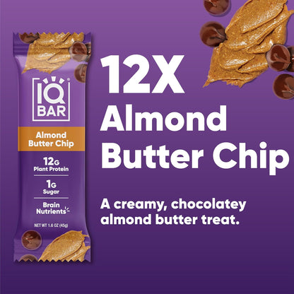IQBAR Clean Plant Protein Bars, Almond Butter Chip 12-Count | Protein Snack | High Fiber, High Protein, Low Sugar, Clean Label Project Certified | Gluten Free, Dairy Free, Vegan, Keto, Soy Free