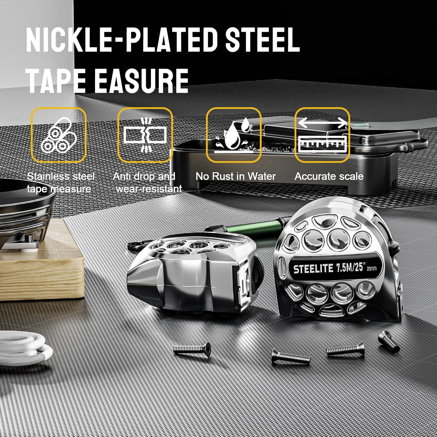 STEELITE Tape Measure 25'FT Stainless Steel Waterproof & Rustproof Retractable Measuring Tape with Hollow Design Carbon Fiber