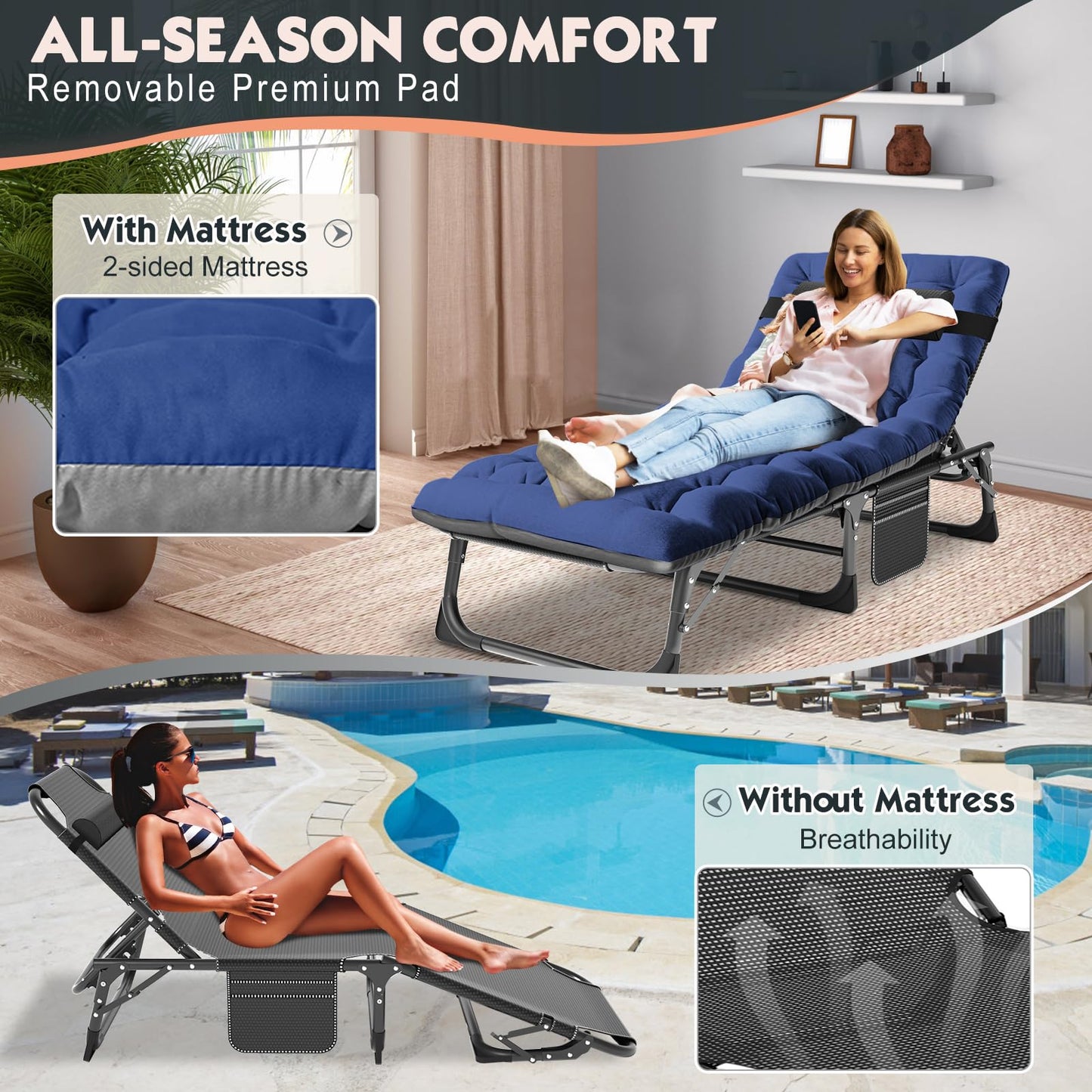 MOPHOTO Folding Lounge Chair 5-Position, Folding Cot, Portable Outdoor Chaise Lounge Chair for Sun Tanning, Perfect for Pool Beach Patio Sunbathing