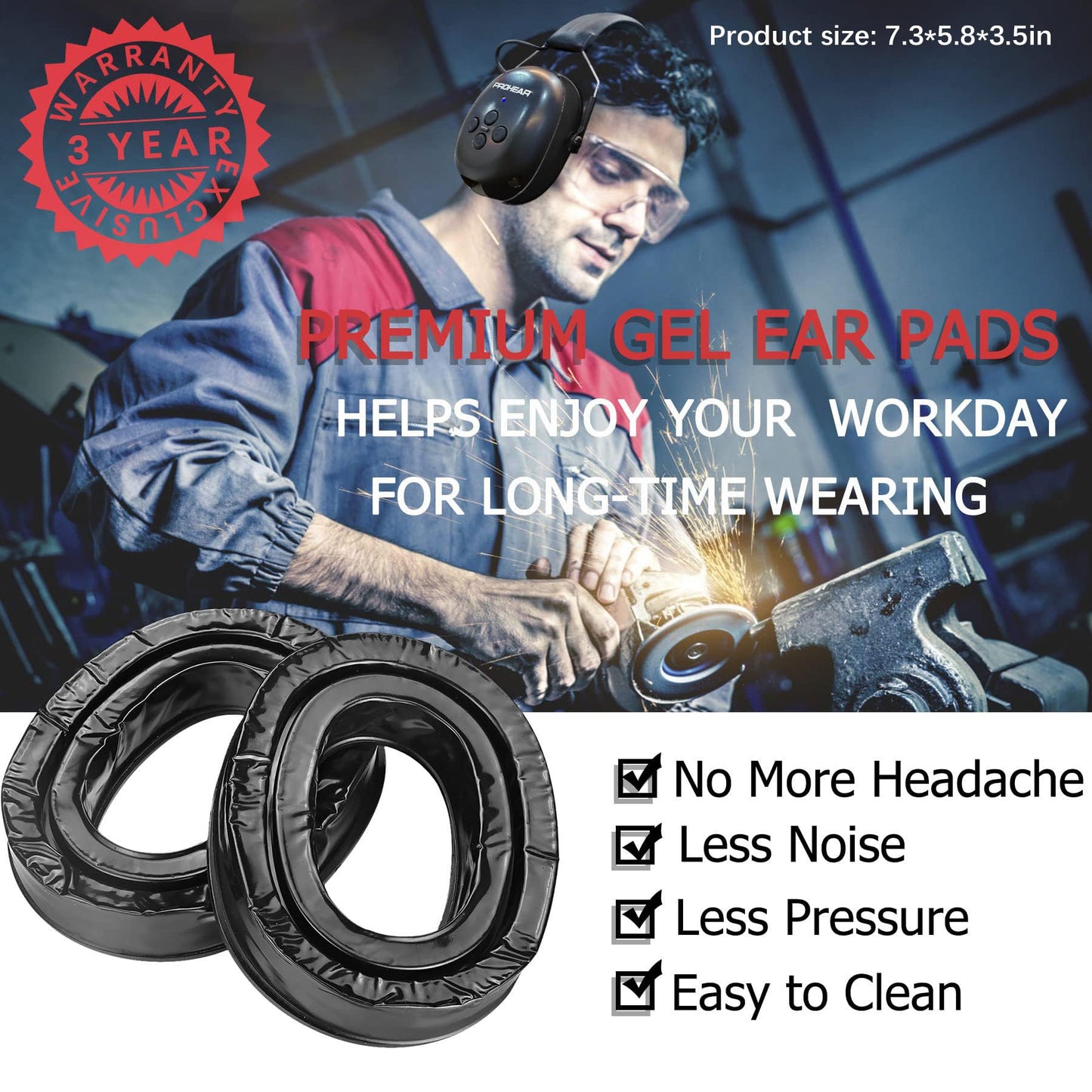 PROHEAR 037 Bluetooth 6.0 Hearing Protection Headphones with Rechargeable 1500mAh Battery, 30dB SNR Safety Noise Reduction Ear Muffs 120H Playtime for Mowing, Workshops, Snowblowing - Black