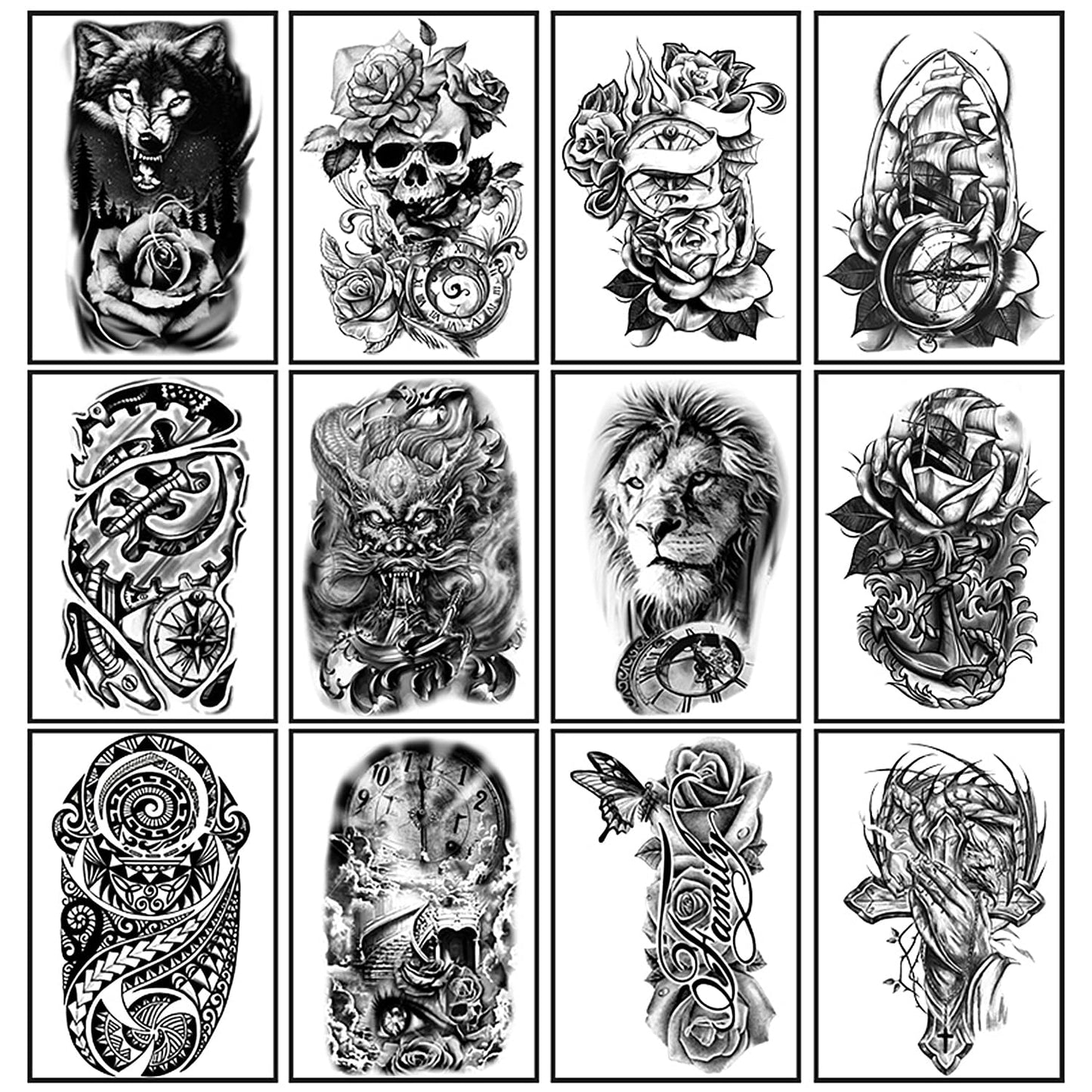 Yazhiji 36 Sheets Temporary Tattoos Stickers, 12 Sheets Fake Body Arm Chest Shoulder Tattoos for Men or Women with 24 PCS Tiny Black Tattoos