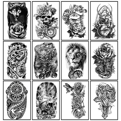 Yazhiji 36 Sheets Temporary Tattoos Stickers, 12 Sheets Fake Body Arm Chest Shoulder Tattoos for Men or Women with 24 PCS Tiny Black Tattoos