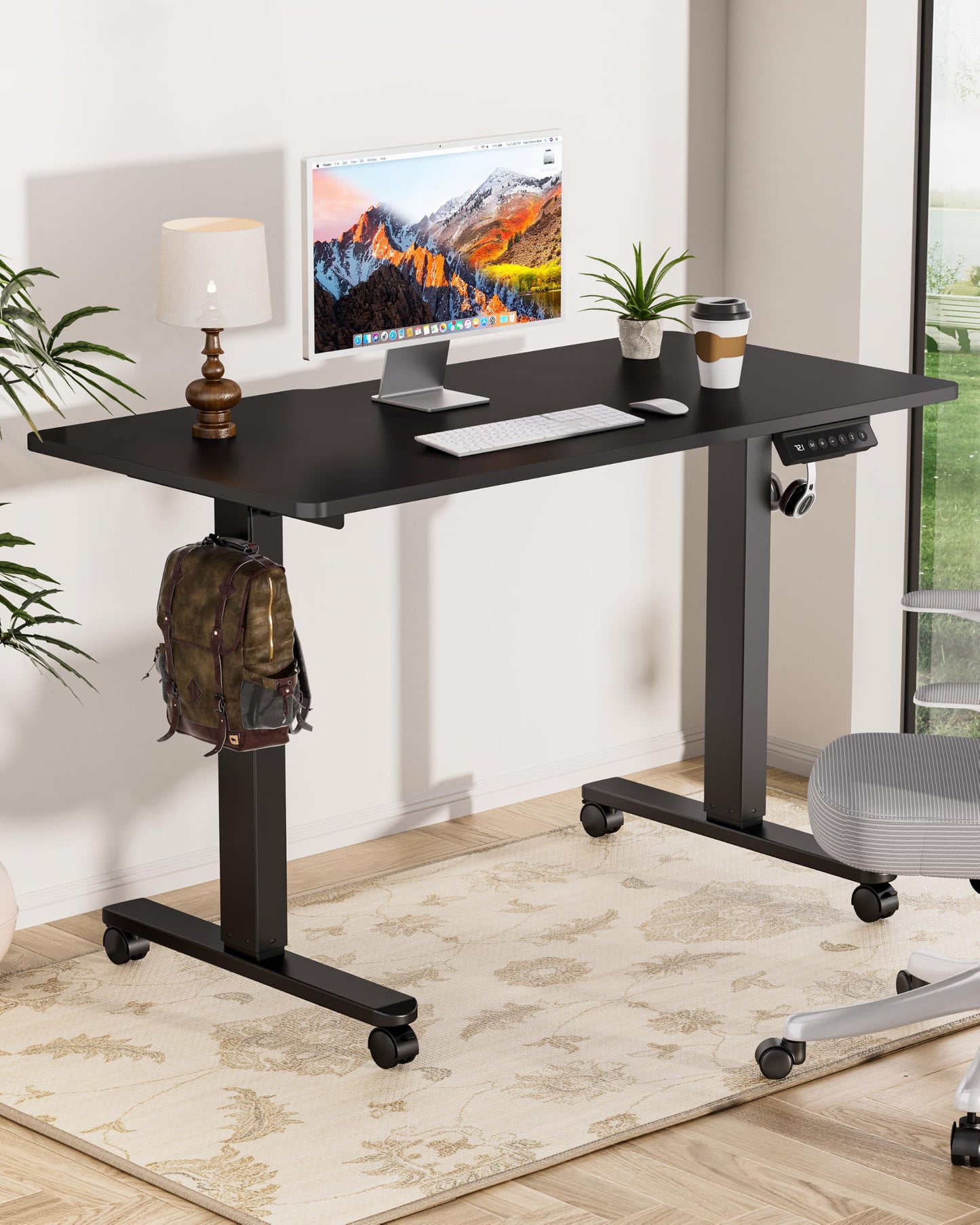 Okin Small Electric Standing Desk, 36" x 24" Whole Piece Height Adjustable Desk, Oak Sit to Stand Computer Workstation with Wheels for Home Office
