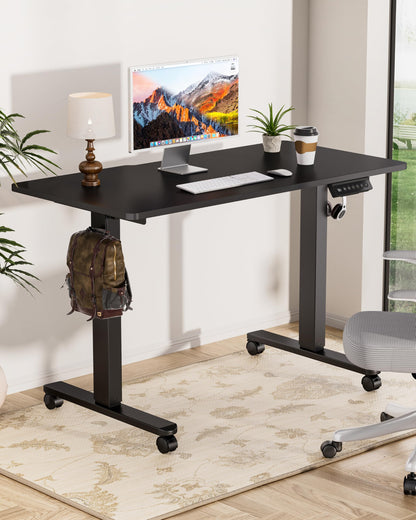 Okin Small Electric Standing Desk, 36" x 24" Whole Piece Height Adjustable Desk, Oak Sit to Stand Computer Workstation with Wheels for Home Office