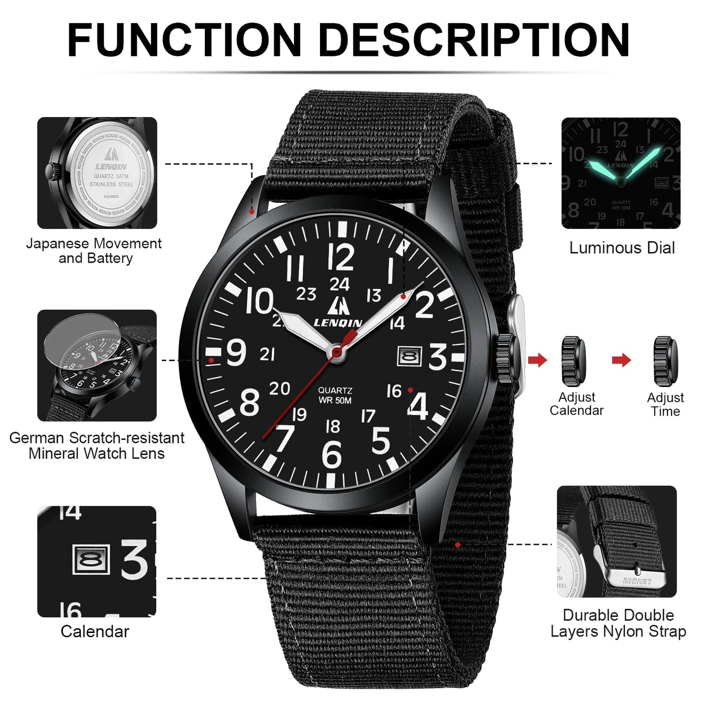 LN LENQIN Mens Watches Unisex Military Sport Nylon Strap Stylish Luminous Fashion Analog Quartz Watch for Men Waterproof Army Tactical Casual Wristwatch