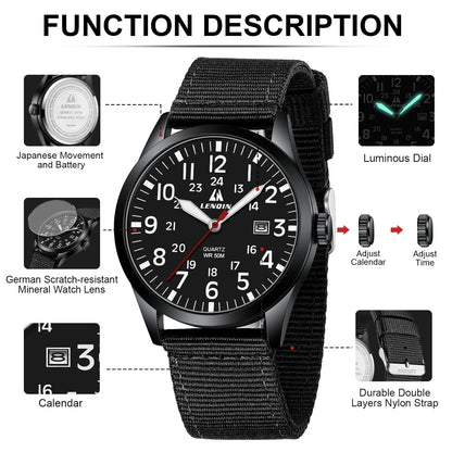 LN LENQIN Mens Watches Unisex Military Sport Nylon Strap Stylish Luminous Fashion Analog Quartz Watch for Men Waterproof Army Tactical Casual Wristwatch