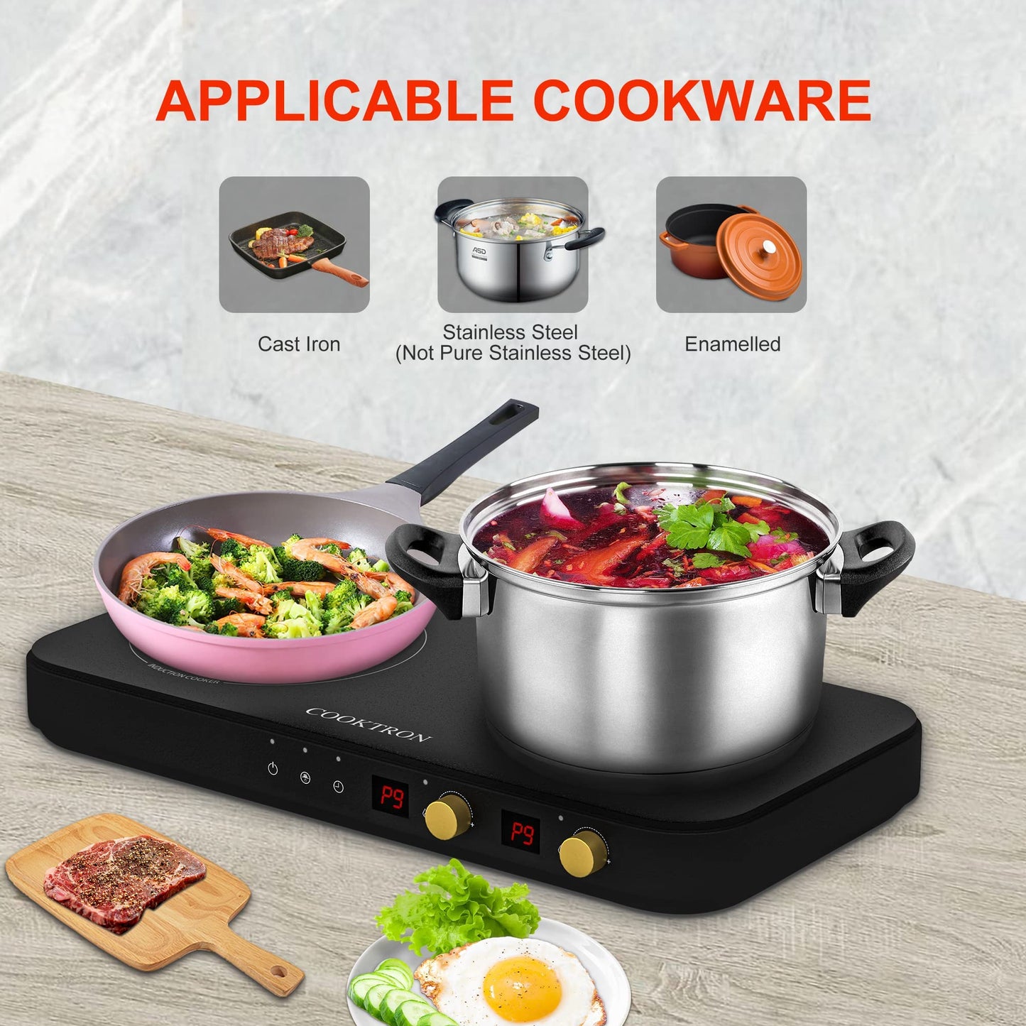COOKTRON Double Induction Cooktop Burner with Fast Warm-Up Mode, 1800w 2 Burner with 10 Temperature 9 Power Settings, Portable Dual Induction Cooker Cooktop with Child Safety Lock & Time