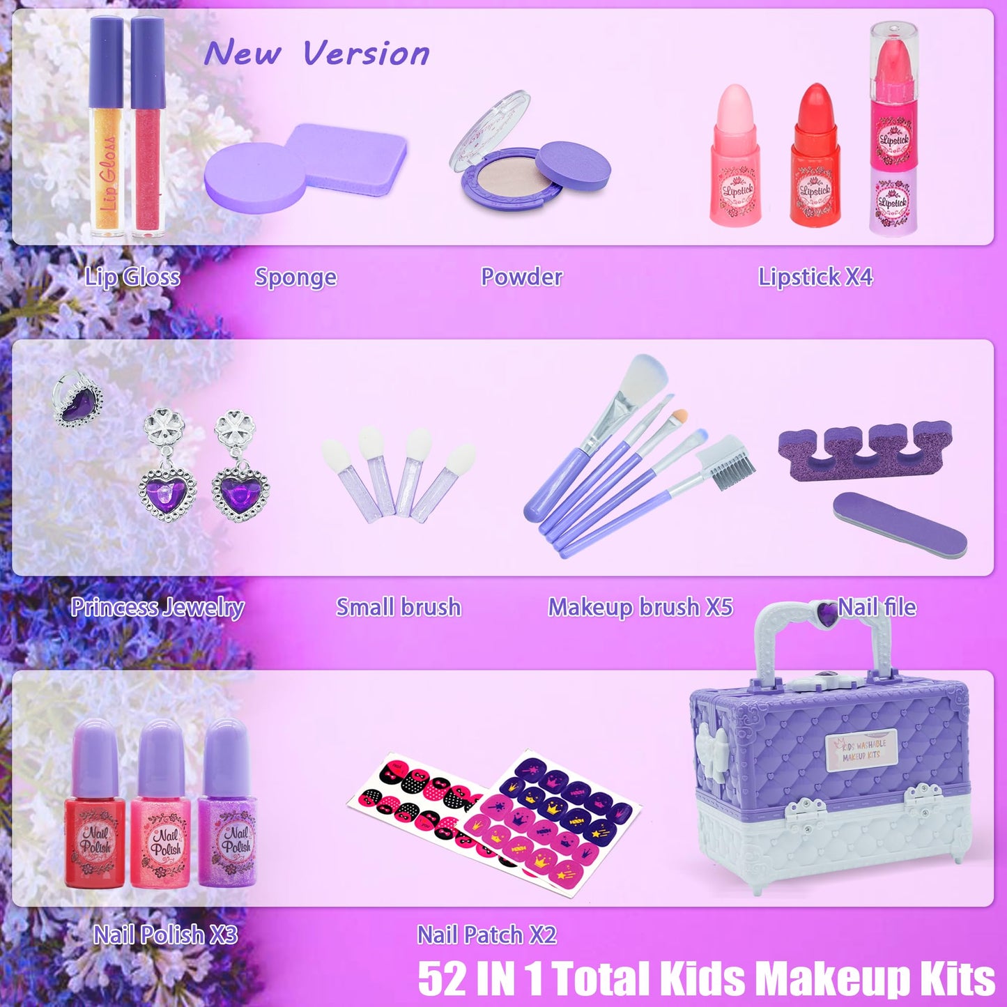 Kids Makeup Kit for Girl - 52 PCS Safe and Washable Makeup for Kids, Real Girls Makeup Kit, Toddler Makeup Kit with Cosmetic Case, Girls Toys Age 4-12, Princess Toys Birthday Gifts for Girls