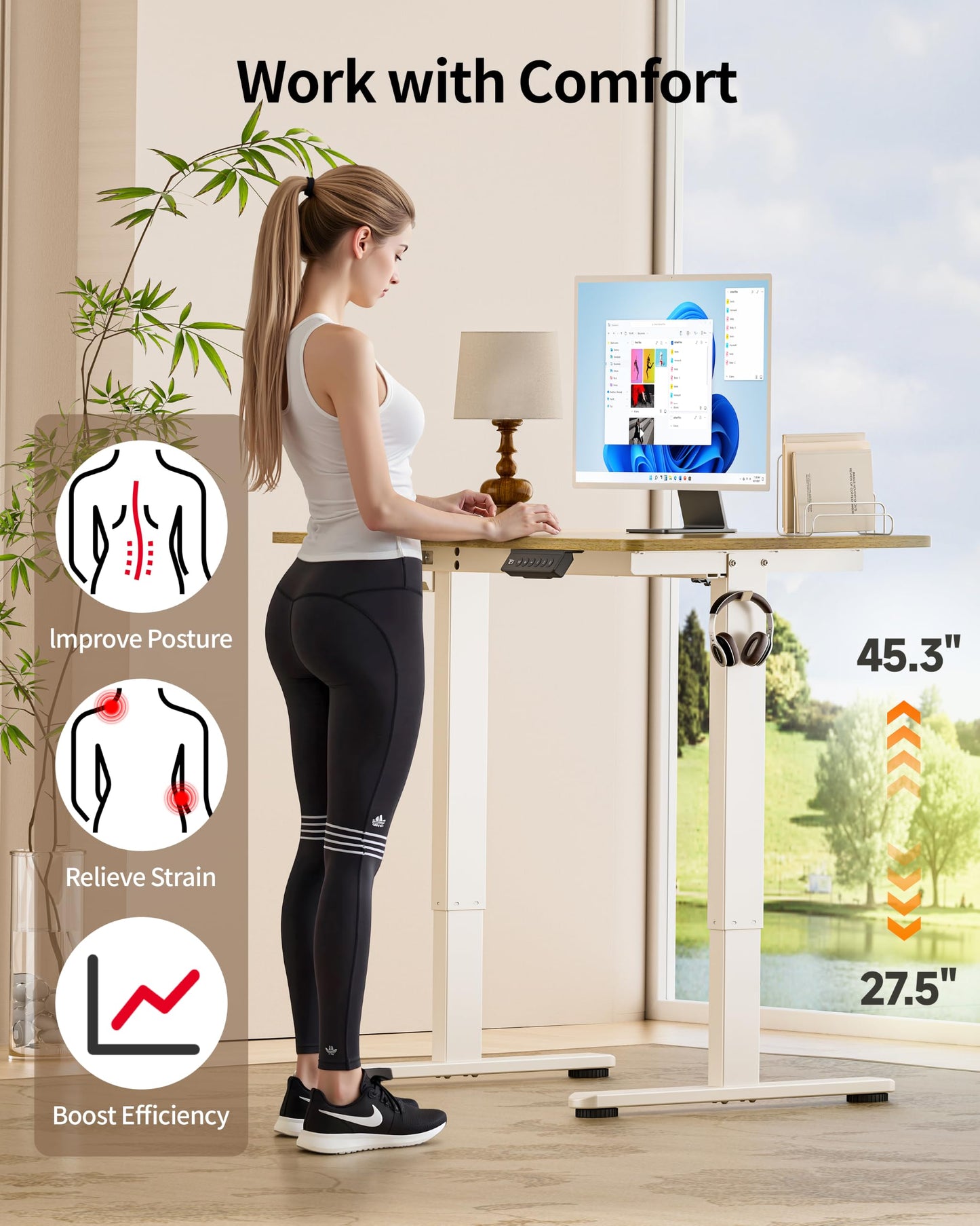 Okin Small Electric Standing Desk, 36" x 24" Whole Piece Height Adjustable Desk, Oak Sit to Stand Computer Workstation with Wheels for Home Office