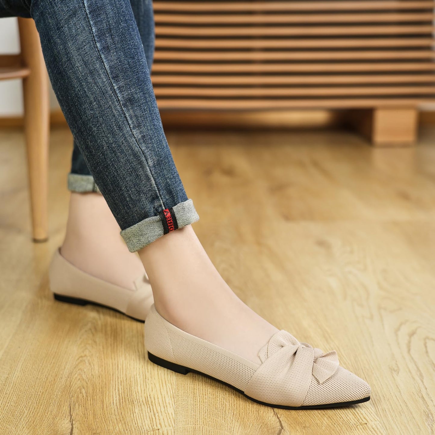 HIULYCENCE Flats for Womens Pointed Toe Ballet Flats with Bow Comfortable Knit Dressy Flats