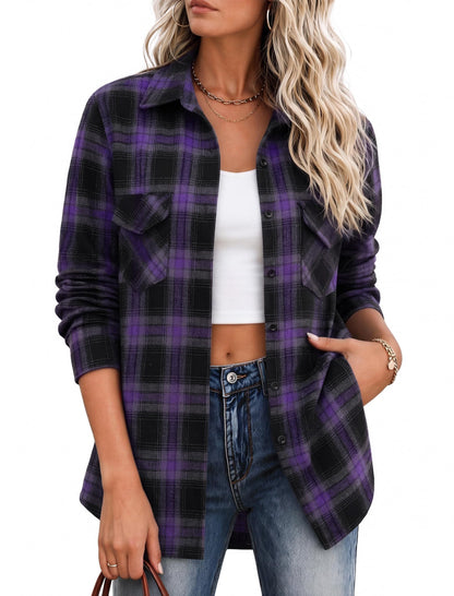 Zeagoo Flannel Shirt Women Plaid Button Down Shackets Long Sleeve Fall Tops | Cotton Brushed Flannel Shirts Lightweight Loose Fit Blouse Business Casual Office Outfits 2026 Fashion Summer Western Clothes