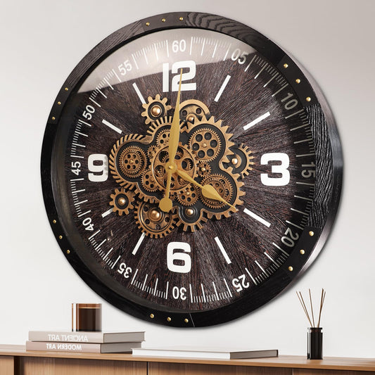 27 inch Large Real Moving Gears Wall Clocks for Living Room Decor | Vintage Industrial Oversized Rustic Wood Clock For Farmhouse Kitchen Office Fireplace Wall Decor (Brown)