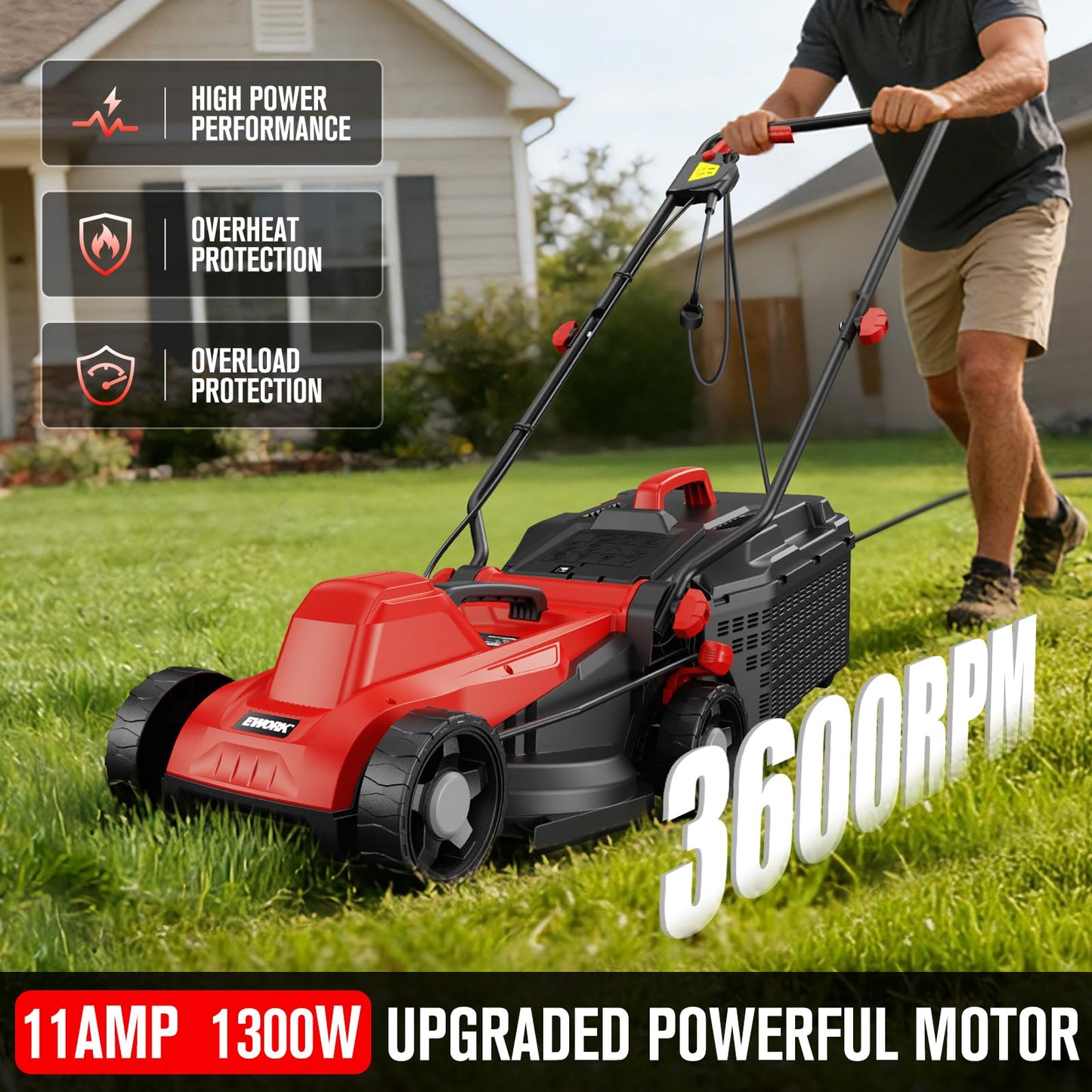 EWORK Corded Electric Lawn Mower 14-Inch, 11Amp Electric Push Mower with 30L Grass Catchers, 4-Height Adjustment, Lightweight Lawnmower for Garden, Yard