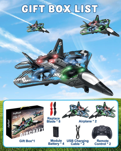 JoyRapt Form RC Plane Drones for Kids, Remote Control Airplane, Aircrafts for Boys and Girls, Jet Helicopter Drones with LED Lights 360° Flip, 4 Rechargeable Batteries (Two Pack)